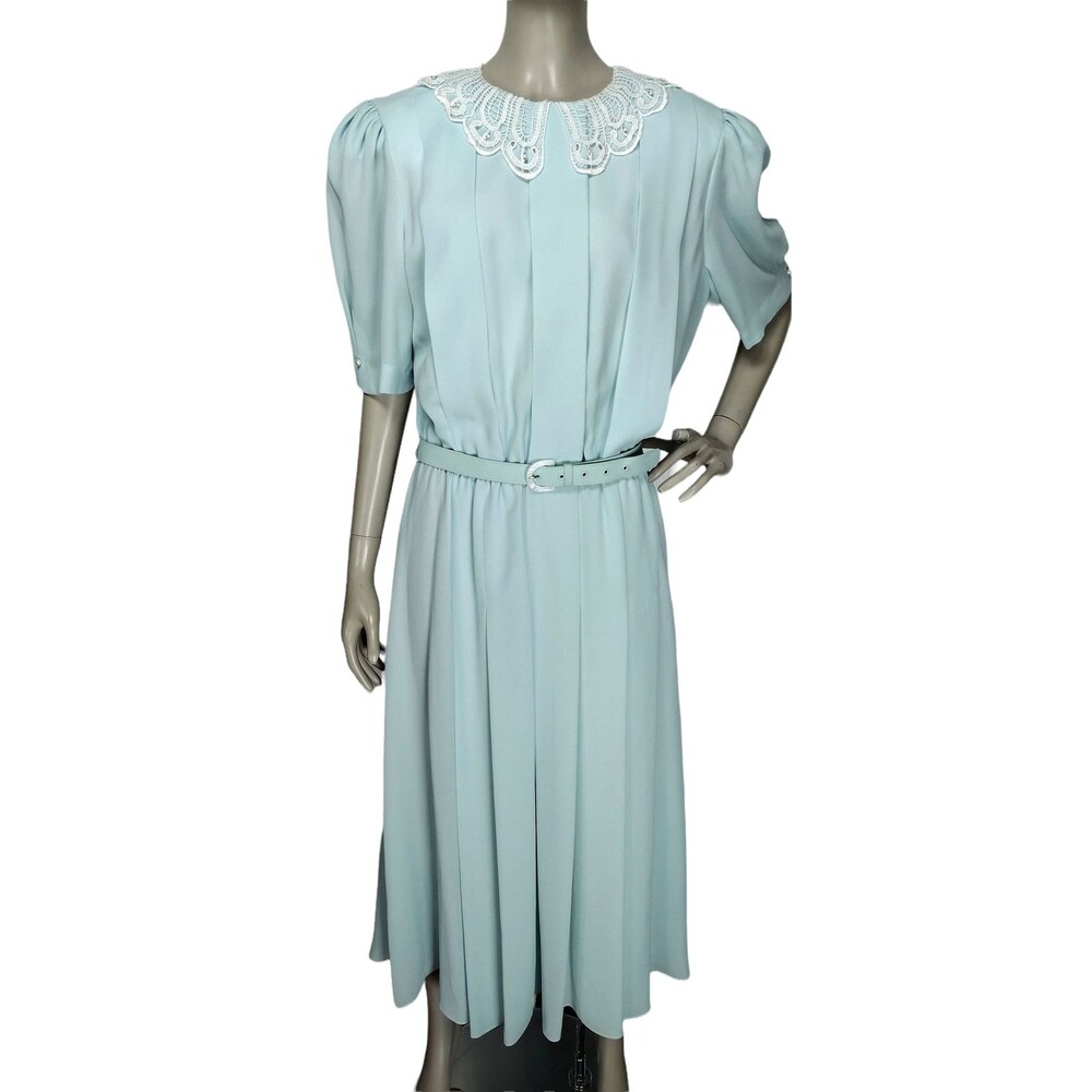 Vintage 80s Puff Sleeve Pearl Embellished Crochet Collar Romantic Midi Dress
